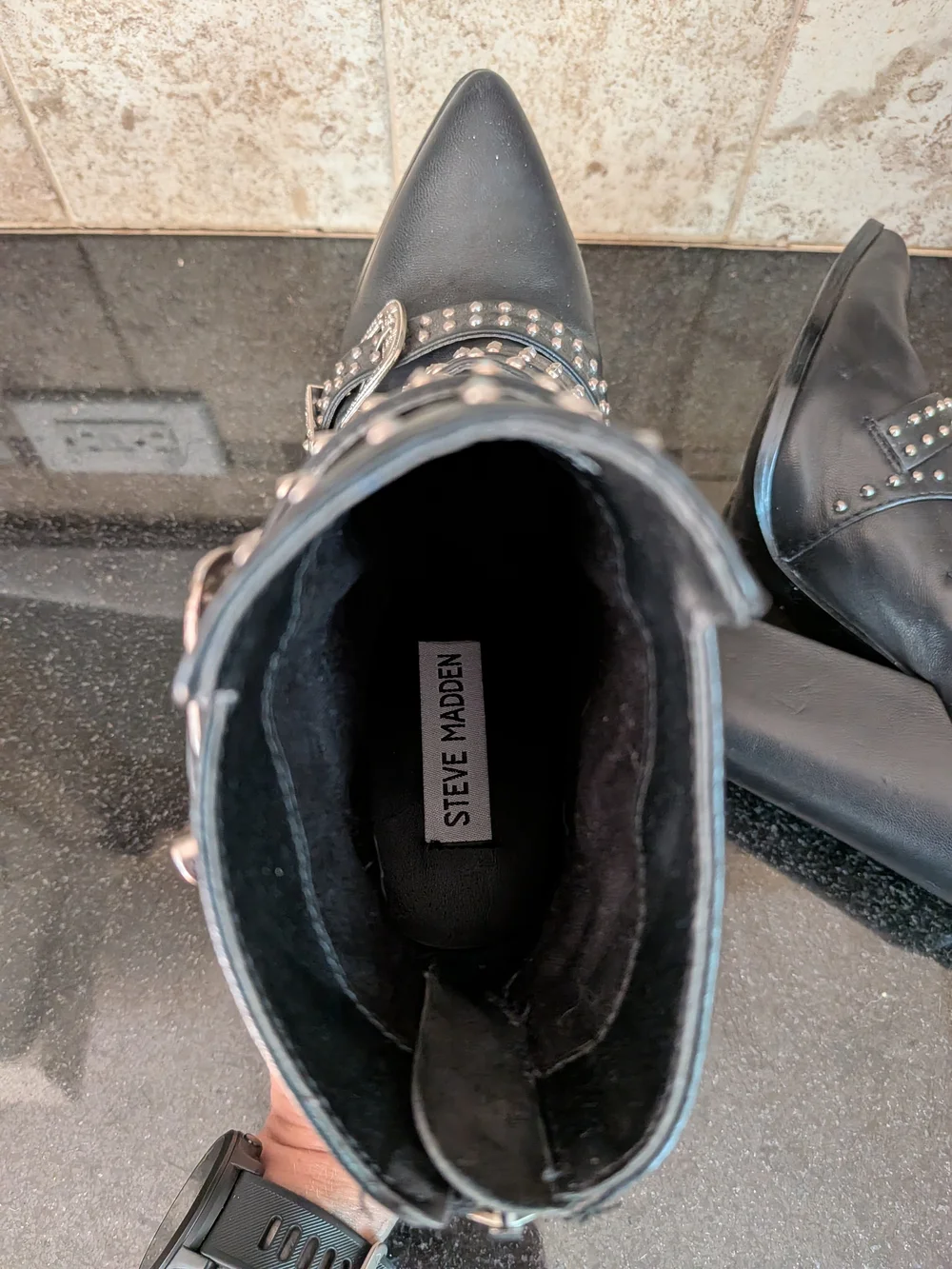 Black Studded Buckle Block Heel Ankle Boots - Picture 13 of 13